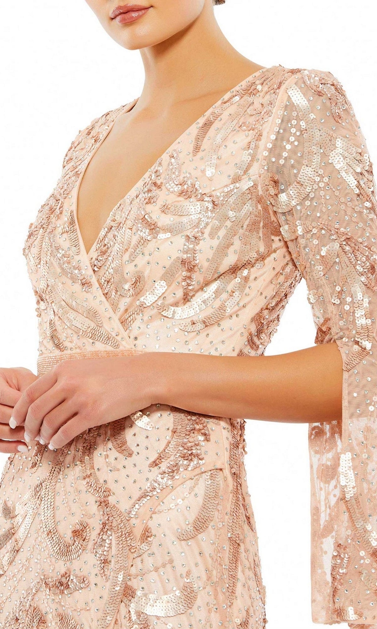 A woman wearing the Long Formal Dress 5222 by Mac Duggal, featuring a peach-colored sequin beaded design, V-neckline, and three-quarter sleeves, shown from shoulders to hips.